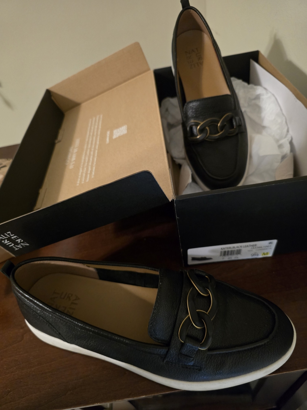Naturalizer Black Leather Chain-Accent Slip-On Loafers